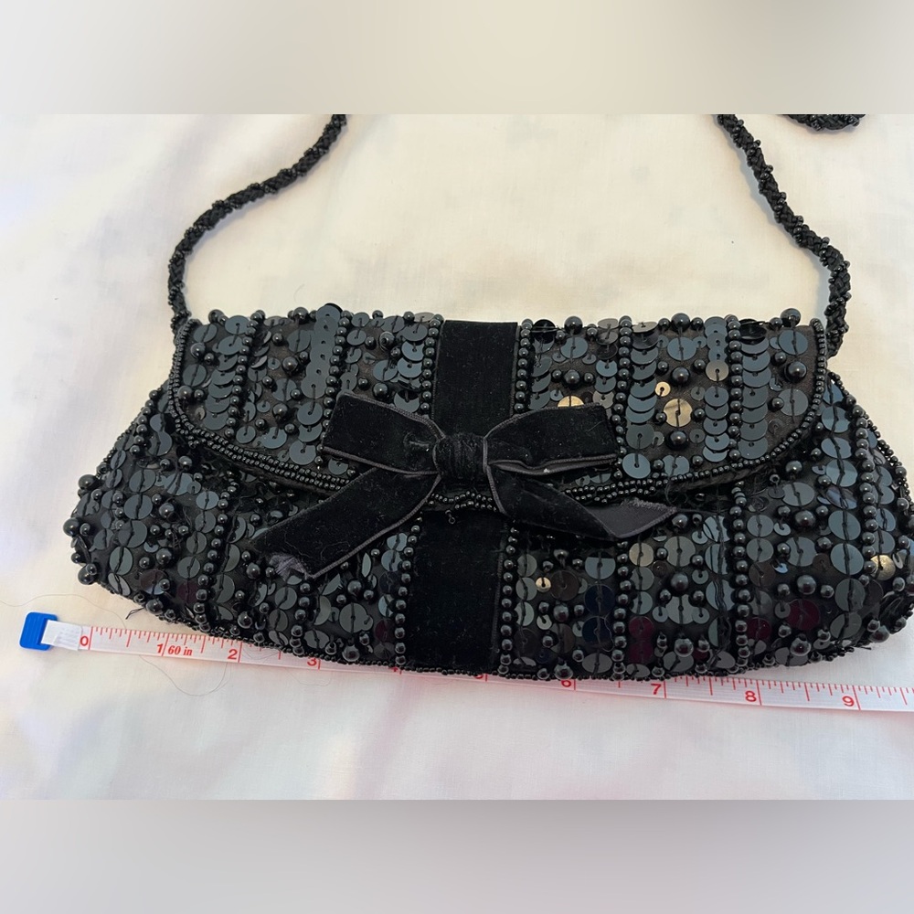 Black Sequin Beaded Clutch La Regale Snap Closure Strap